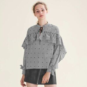 Maje Black&White Striped Mock Neck Long Sleeve Blouse W/ Ruffle Sz 1/S